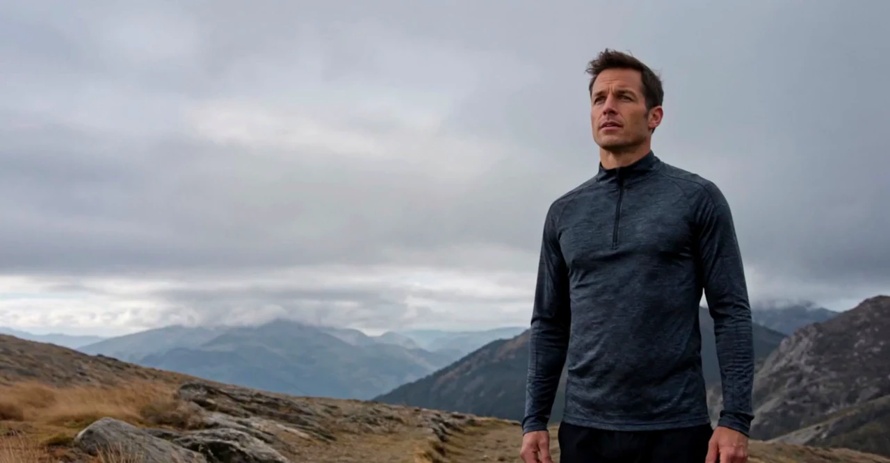 An athlete in a graphite quarter-zip, followed by a mountain trail run