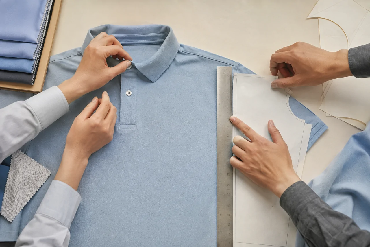 Hands aligning a blue polo sample and its paper pattern during a development discussion