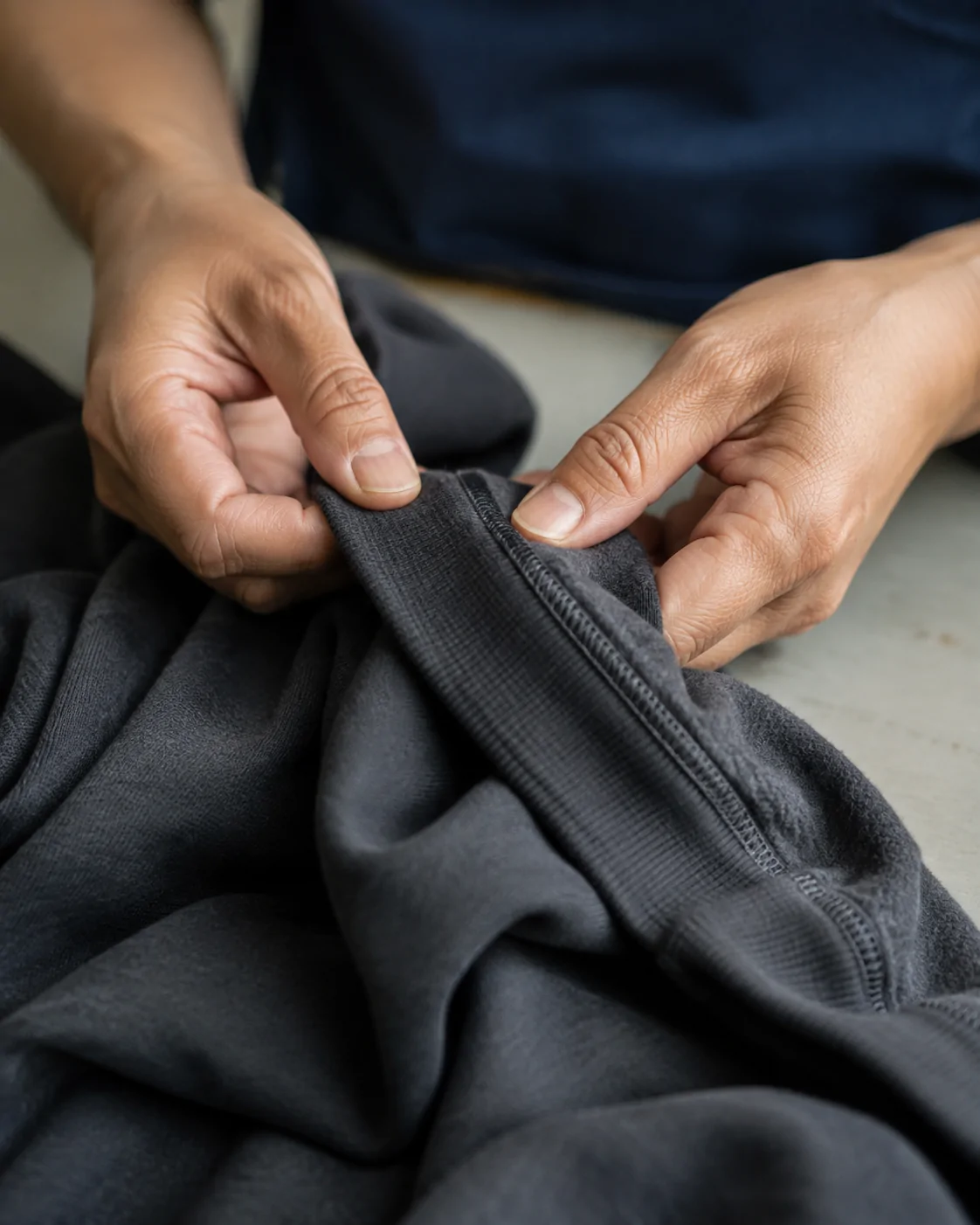 Hands reviewing the inside cuff seam of a charcoal sweatshirt