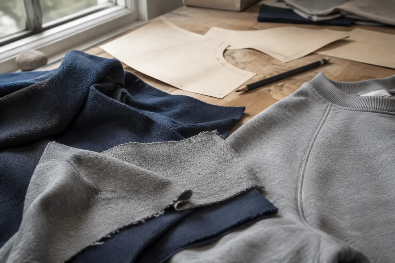 Apparel materials, a sweatshirt sample and paper patterns on a development table