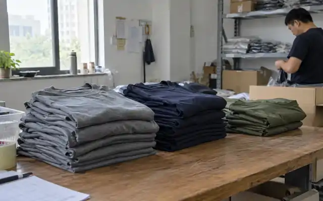 Stacks of folded training tees in three colors