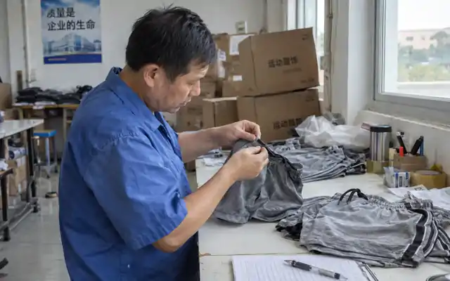 Worker checking stitching on sports shorts