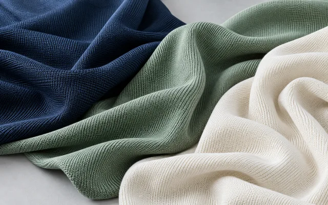 Navy, sage and ivory knitted fabrics arranged in overlapping folds
