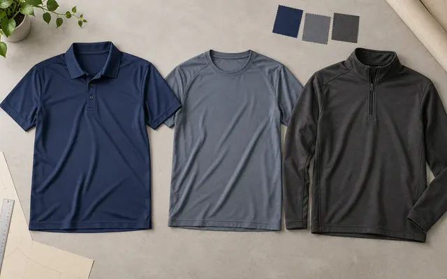 Navy performance polo, slate training T-shirt and charcoal midlayer arranged together for teamwear planning