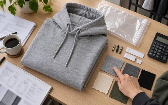 Hoodie, fabric swatch, drawcords, labels and packaging laid out beside a costing sheet on a merchandiser’s desk