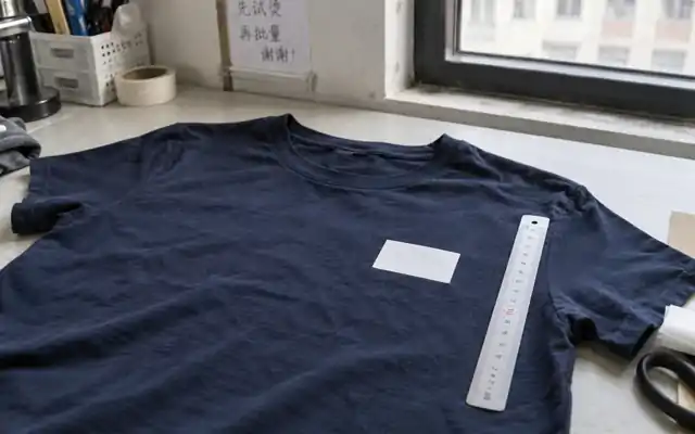Chest placement test patch and ruler on a navy tee