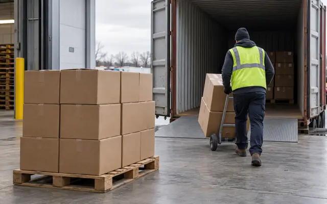 Worker loading apparel cartons into an open shipping container at a port warehouse dock