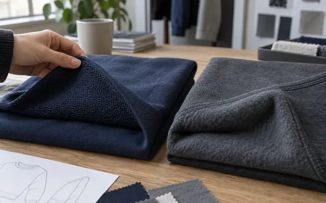 Charcoal French terry and brushed fleece samples folded back to compare their inside surfaces on a cutting table