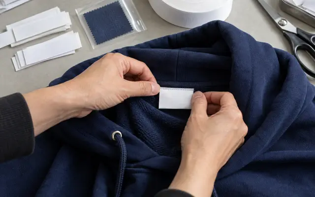 Hands attaching a care label inside the neck of a navy hoodie beside blank labels and a test swatch