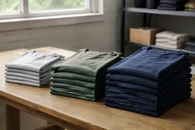 Different quantities of folded T-shirts grouped by fabric color