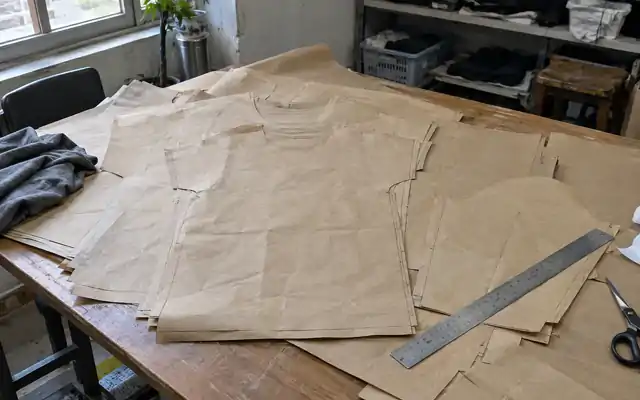 Overlapping garment patterns and ruler on a sample table