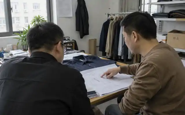 Two men reviewing a garment and paper pattern in a sample room