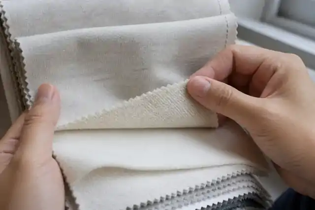 Hands comparing knit, terry and fleece fabric swatches