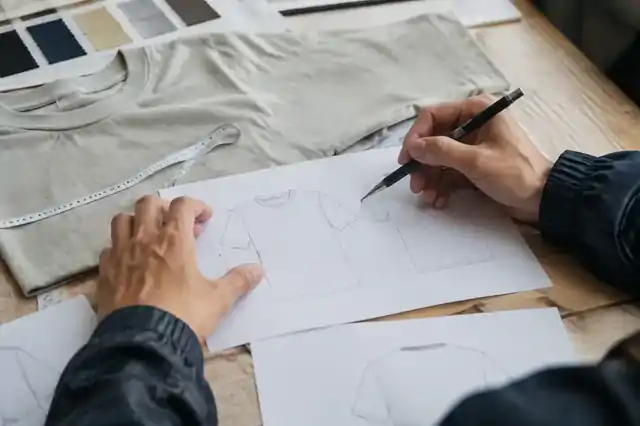 Apparel development brief being reviewed beside a garment and measuring tape