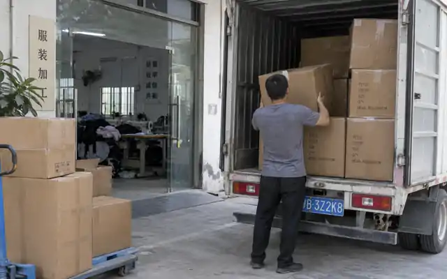 Worker loading garment cartons into a delivery truck