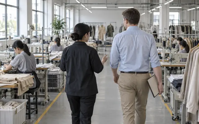 Visiting buyer with a clipboard walking through a sewing workshop with a factory manager
