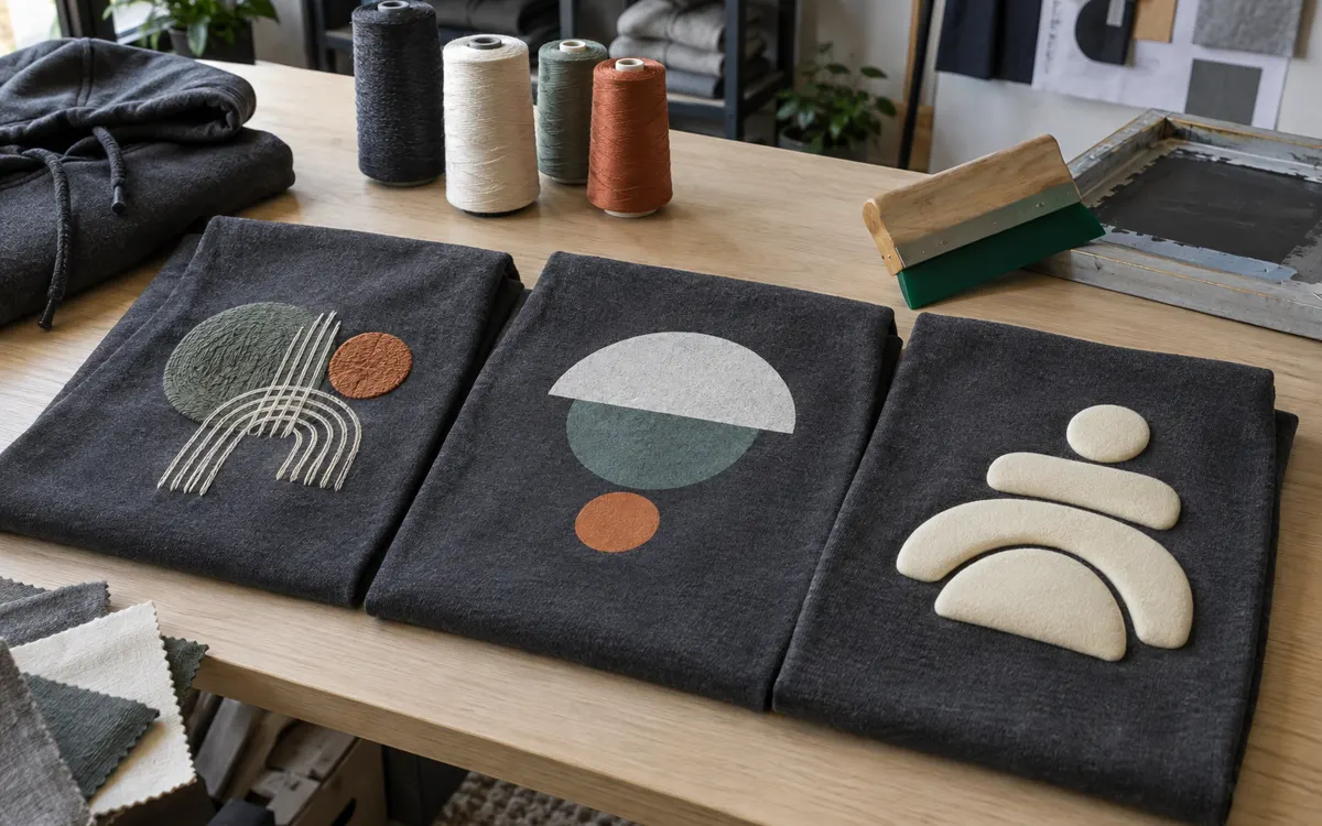 Three charcoal hoodies compared side by side with embroidered, screen-printed and puff-printed decoration