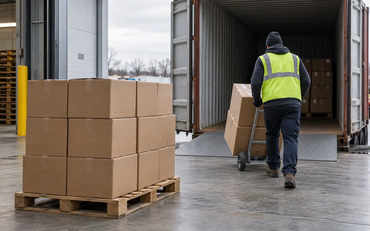 Worker loading apparel cartons into an open shipping container at a port warehouse dock