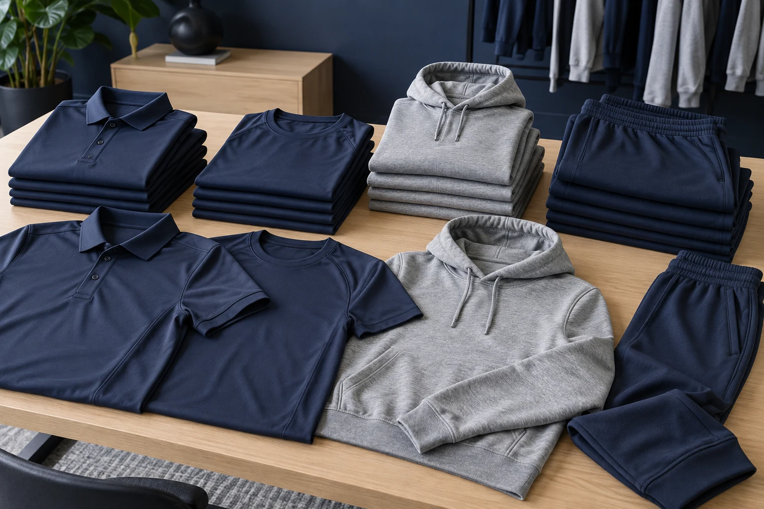 Coordinated navy polos, T-shirts and joggers with grey hoodies arranged on a sample-room table