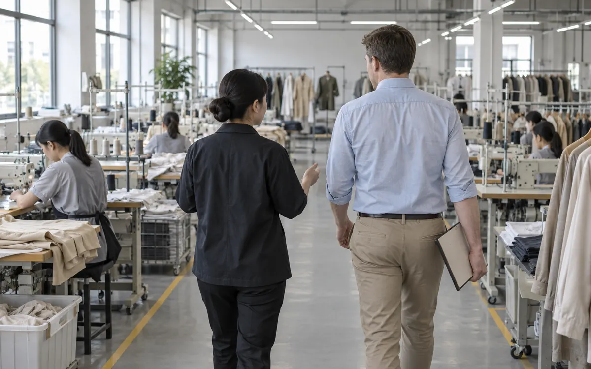 Visiting buyer with a clipboard walking through a sewing workshop with a factory manager