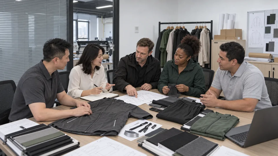 Reviewing the jacket design and garment details.