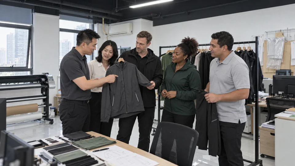 Discussing the jacket sample.