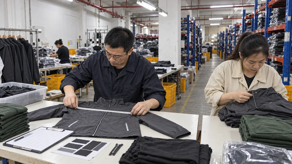 Measuring a jacket laid flat on the table.