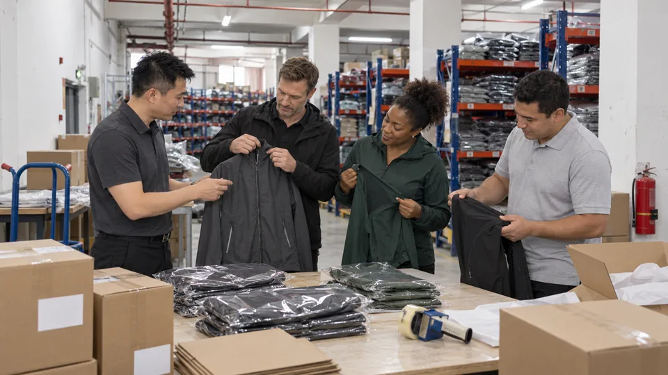 Reviewing garments beside the packing area.