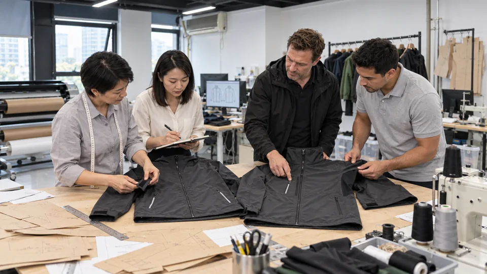 Comparing jacket samples at the worktable.