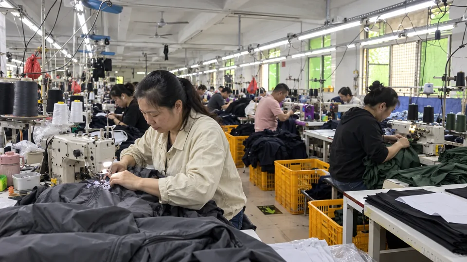 Sewing jacket pieces on the workshop floor.