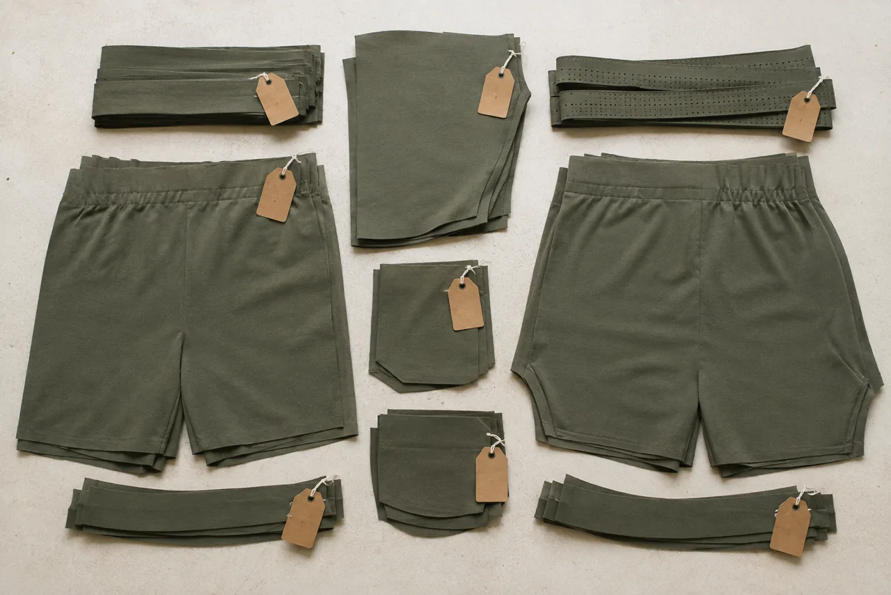 Olive shorts construction pieces and separate cut fabric bundles arranged on a worktable
