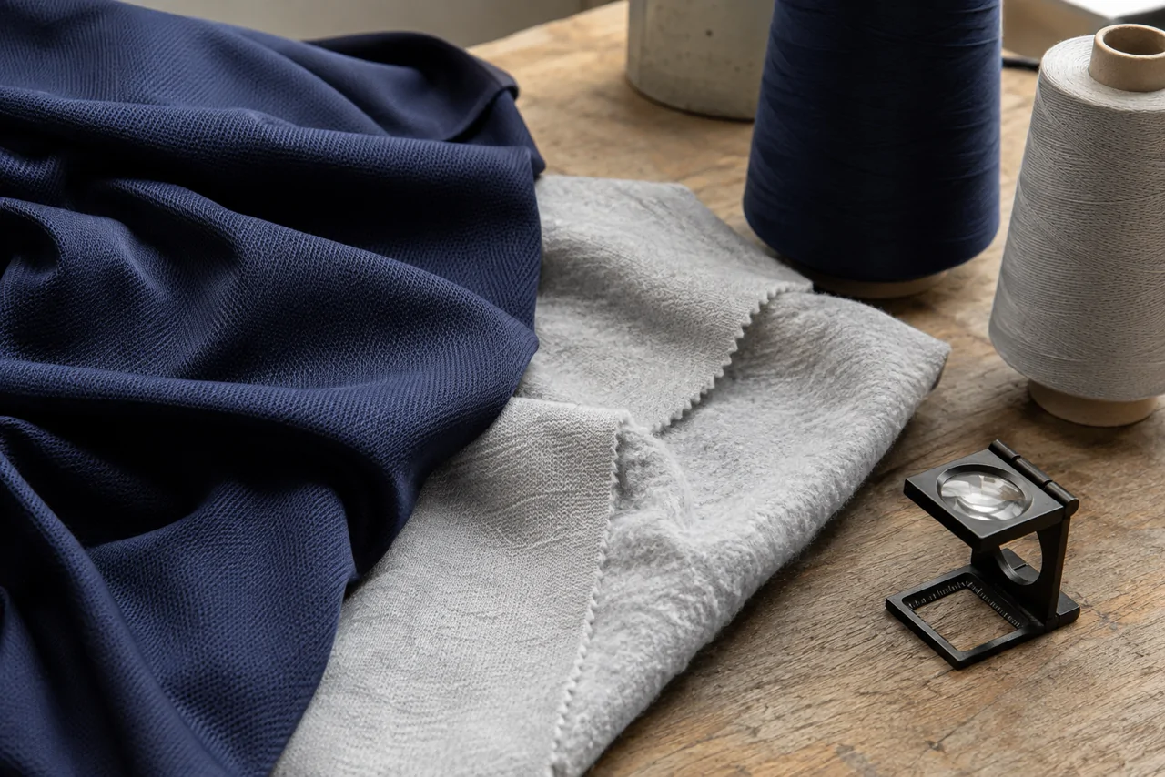 Navy jersey, grey fleece, thread cones and a textile loupe on a workbench