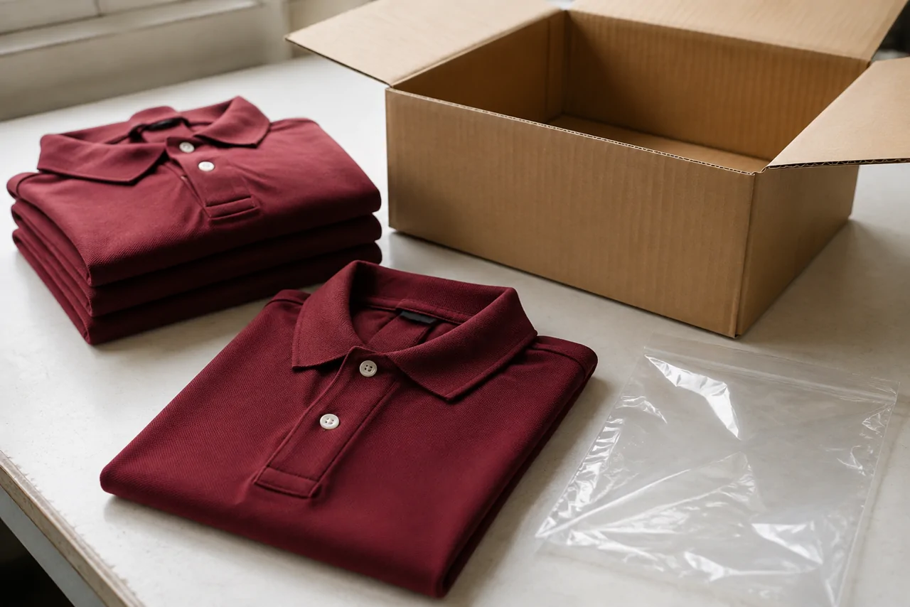 Folded burgundy polos, a protective bag and an open plain carton on a packing table