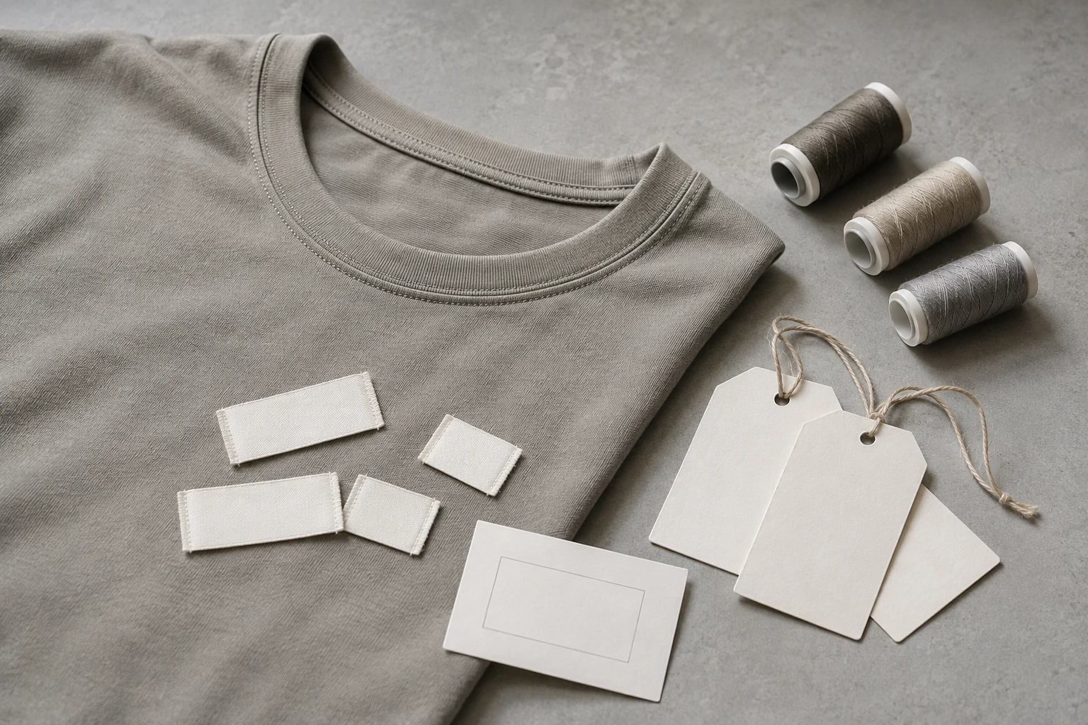 Unbranded garment neckline with blank woven labels, hangtags and embroidery thread