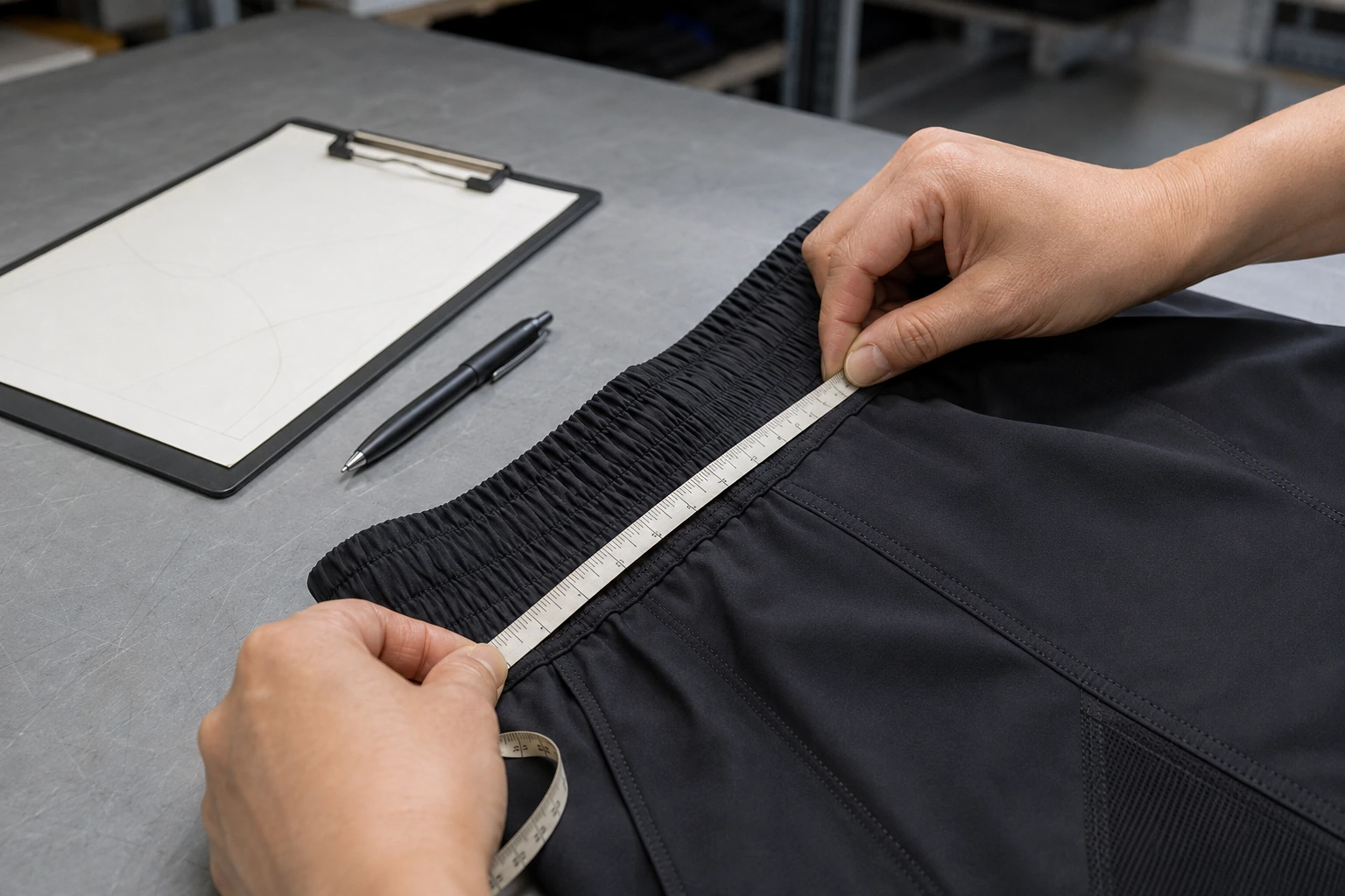 Garment seam and measurements being checked at a quality-control worktable