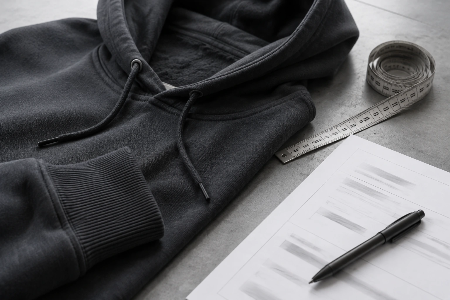 Hoodie construction, measuring tape and approval sheet prepared for sample review