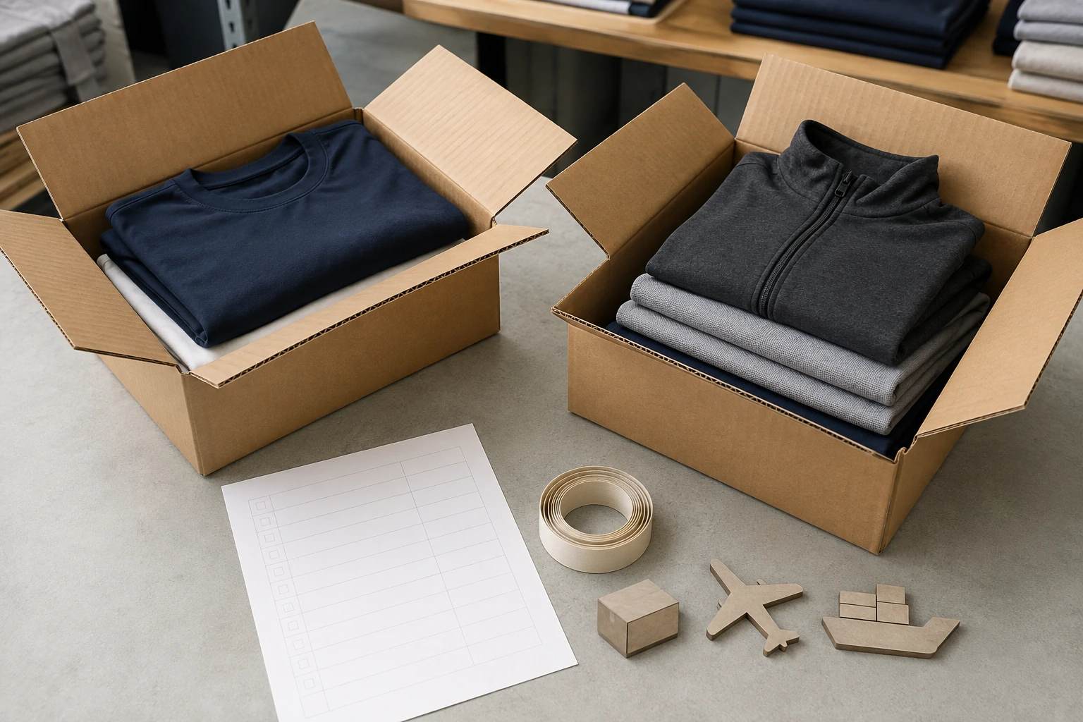 Packed apparel cartons with shipping documents prepared for international dispatch