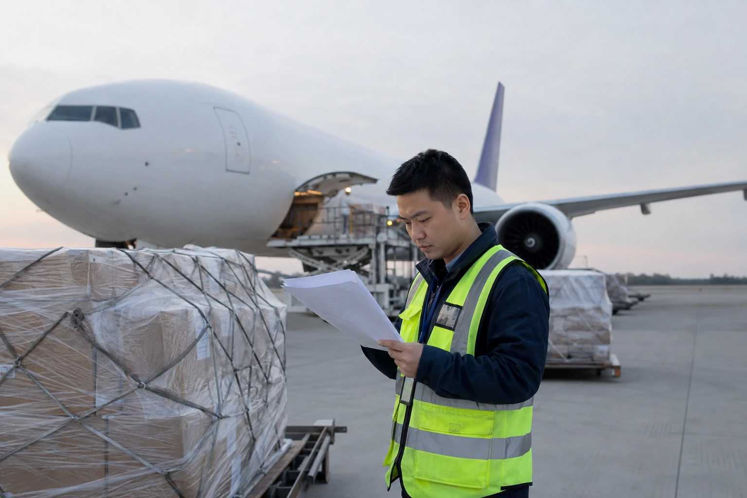 Chinese air-cargo staff checking plain apparel cartons near a cargo aircraft