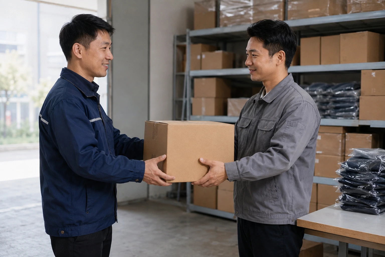 Chinese courier collecting a plain apparel sample carton for express delivery