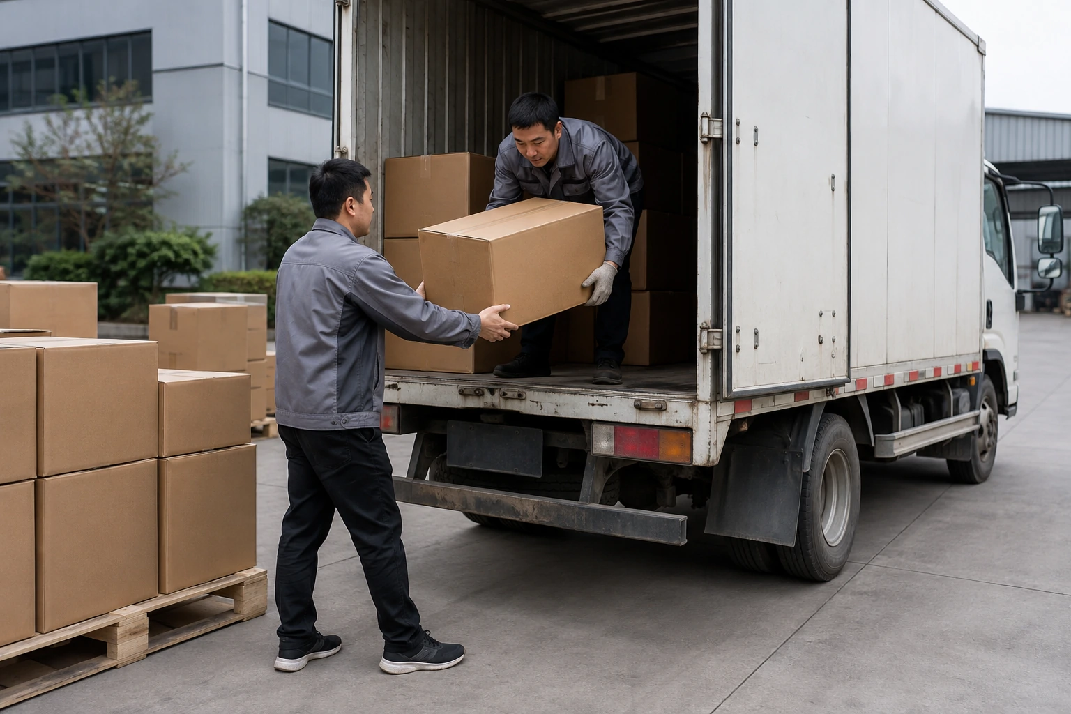 Chinese logistics staff loading plain garment cartons into a delivery truck at a warehouse