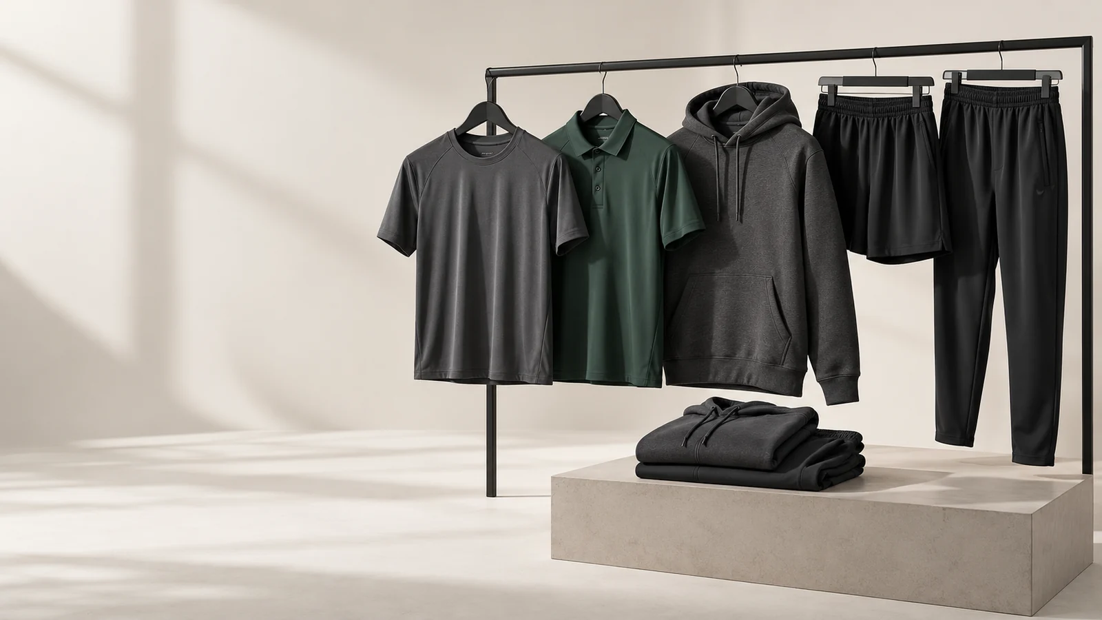 Performance tops, polo, hoodie, training shorts and pants arranged in a neutral apparel studio
