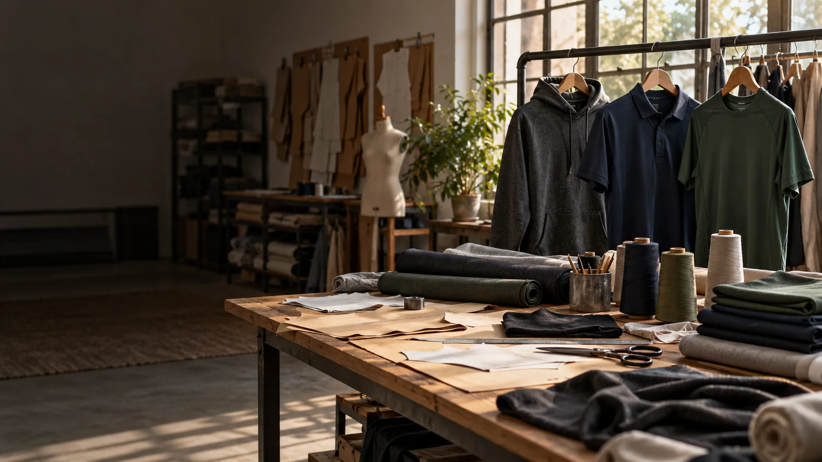 Hoodie, polo and performance top in a garment development studio with patterns, fabrics and thread