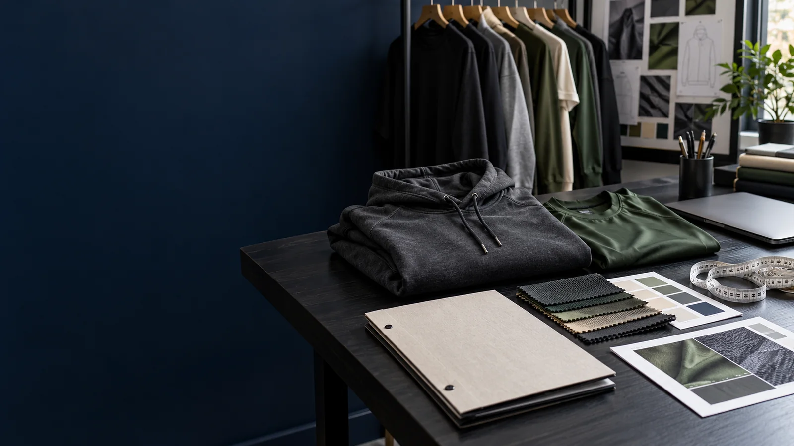 Apparel samples, colour cards and material swatches prepared for a manufacturing enquiry