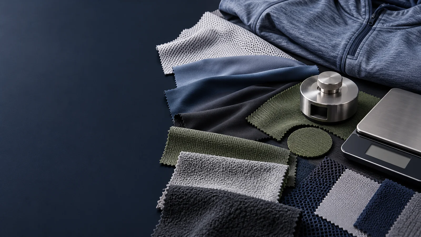 Performance knit, mesh, fleece and jersey fabrics arranged beside fabric weight measurement tools