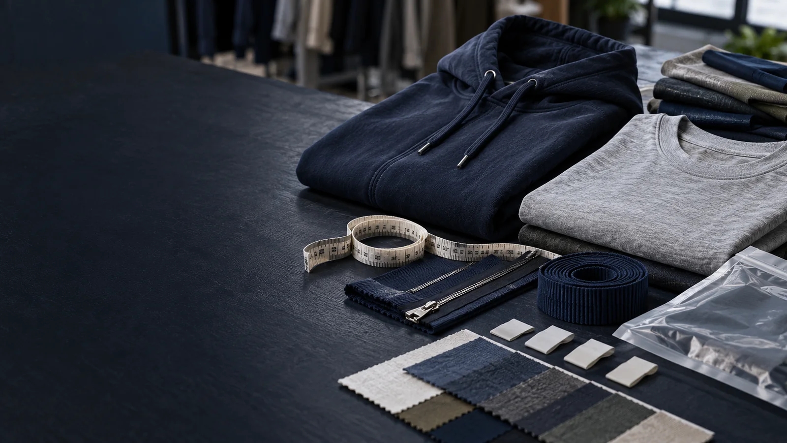 Hoodie and T-shirt samples with fabric, trim, measurement and packaging choices