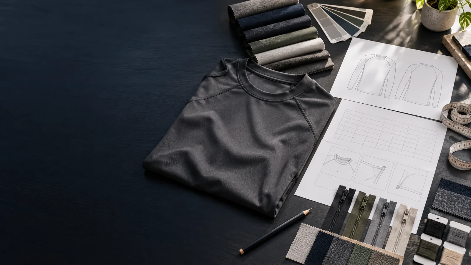 Performance top, blank specification sheets, trims and fabric choices arranged for an apparel project brief