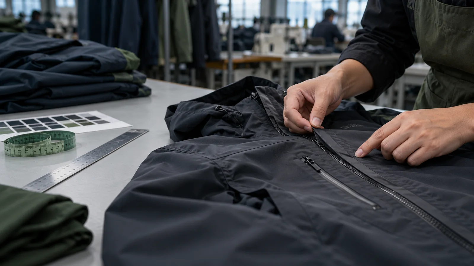Garment construction, zipper and stitching checked on a performance jacket at an inspection table