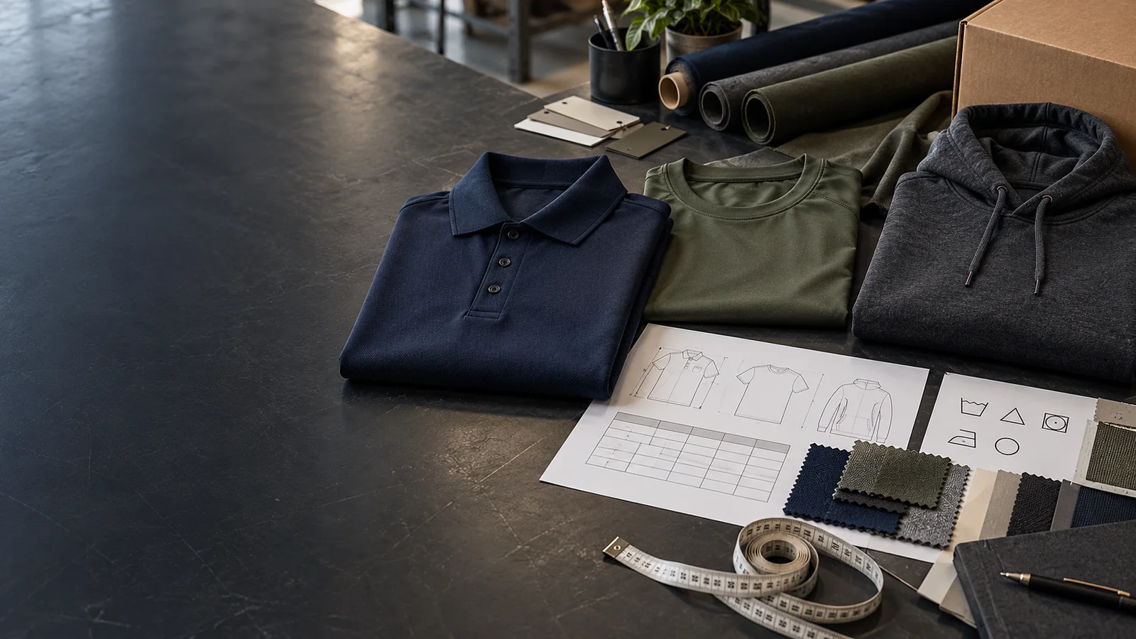 Polo, performance top and hoodie samples arranged with sizing, fabric and packing references