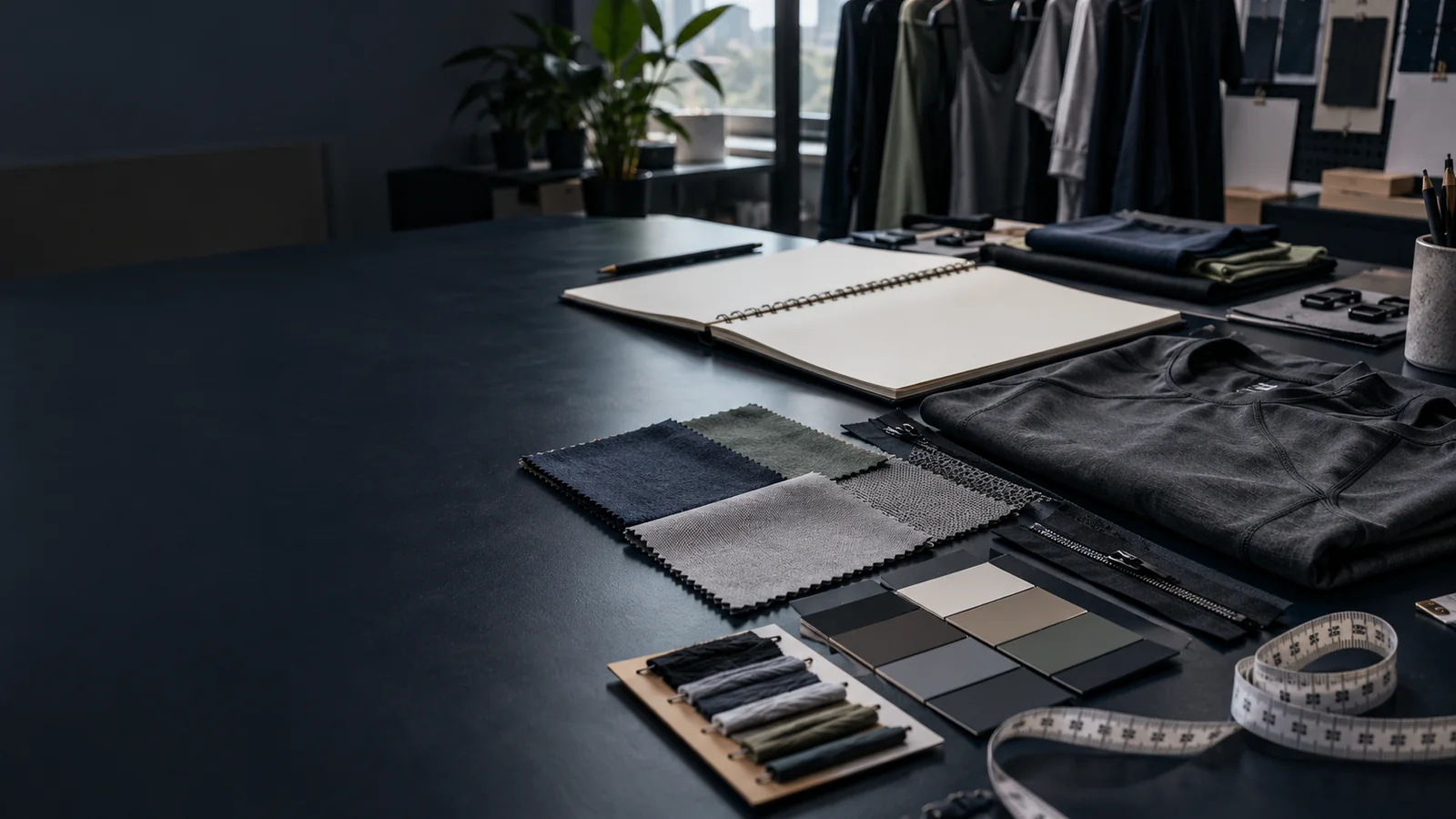 Performance apparel development desk with fabric swatches, colour cards and a folded technical top