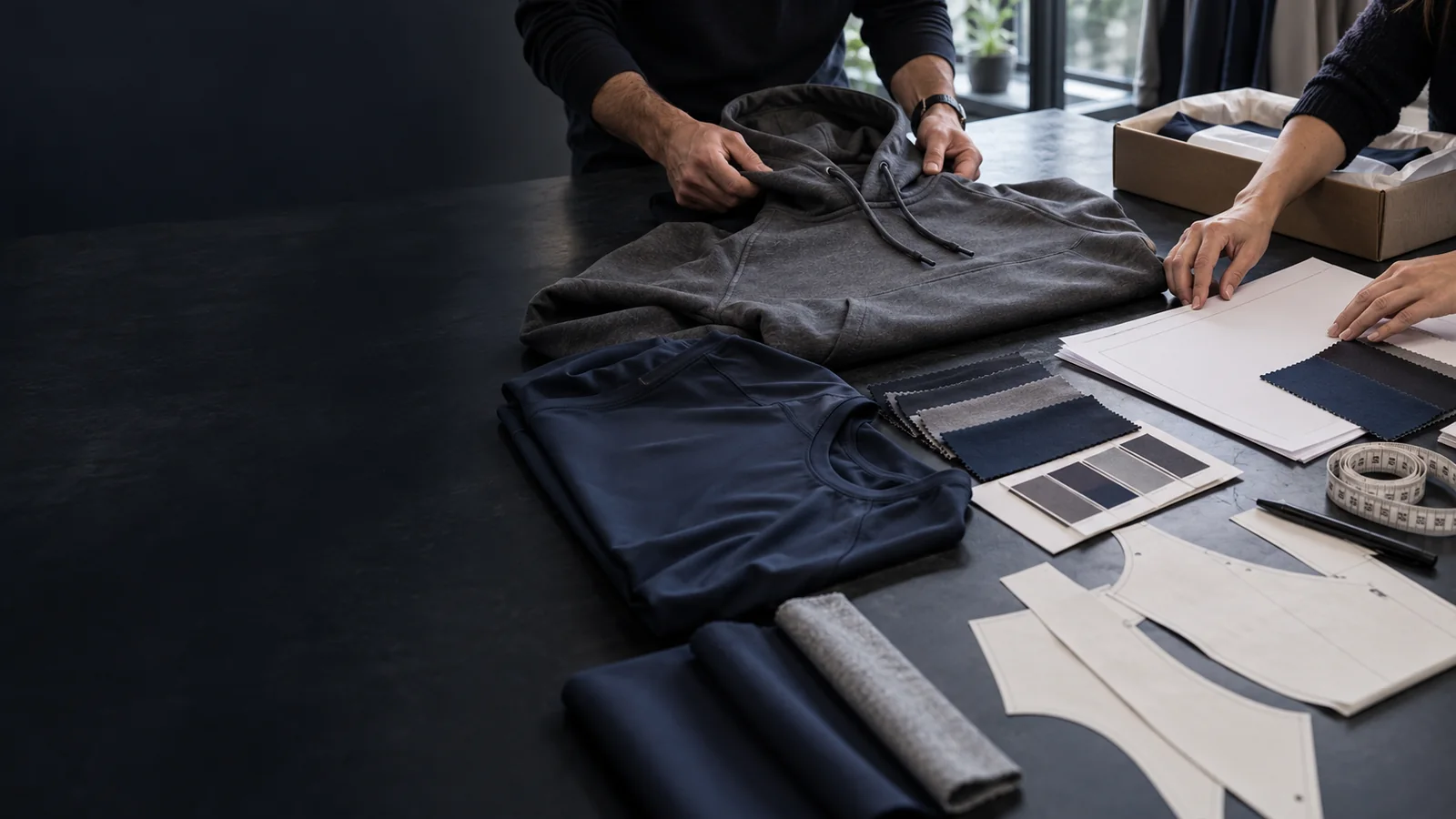 Apparel samples, material swatches and pattern pieces reviewed for order planning and approval
